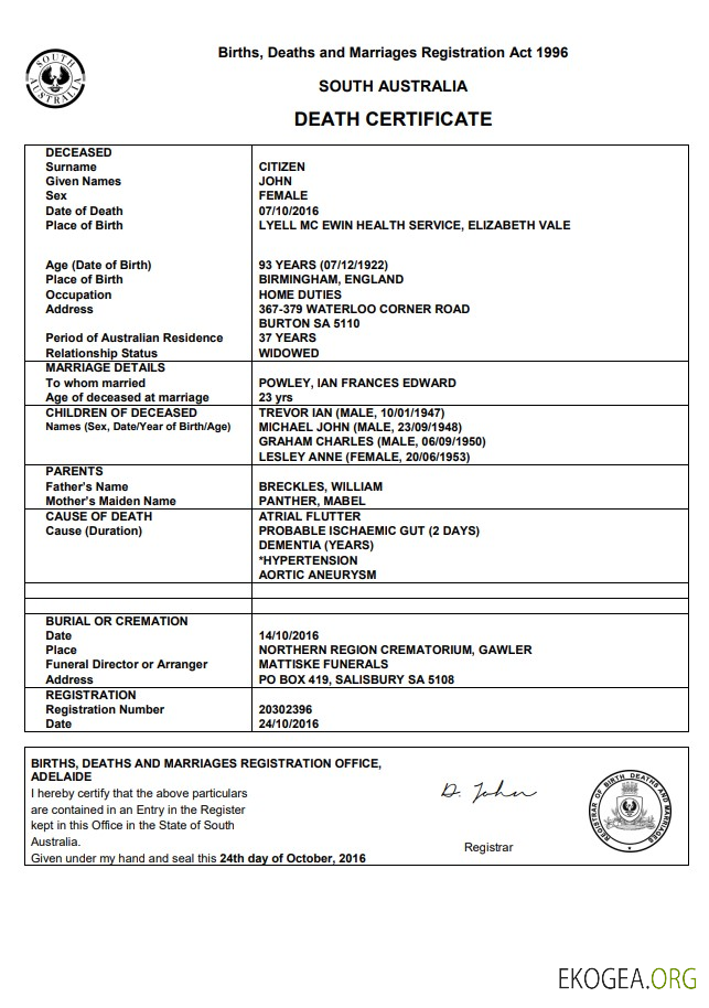 Modèle de certificat de décès Australie Australie Méridionale au format Word
